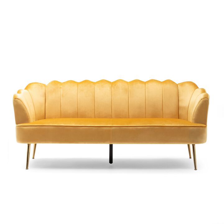 Nika Sofa, Modern Channel Stitched, 76 Inch, Solid Wood, Yellow Velvet - Benzara