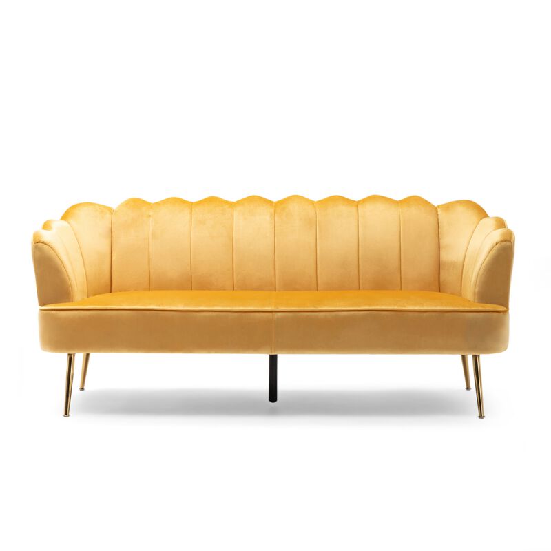Nika Sofa, Modern Channel Stitched, 76 Inch, Solid Wood, Yellow Velvet - Benzara