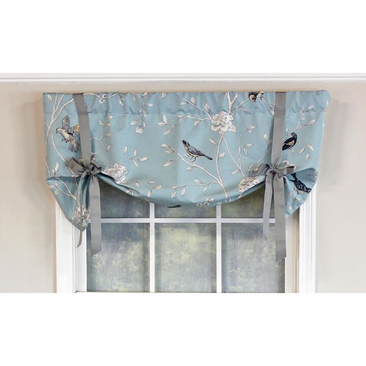 RLF Home Trend Bird Tie-Up Valance Hazel Blue. Coordination Ribbon Tie. 3" Rod Pocket 50"W x 21"L