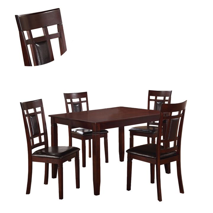 Wooden And Leather 5 Pieces Dining Set In Brown And Black-Benzara