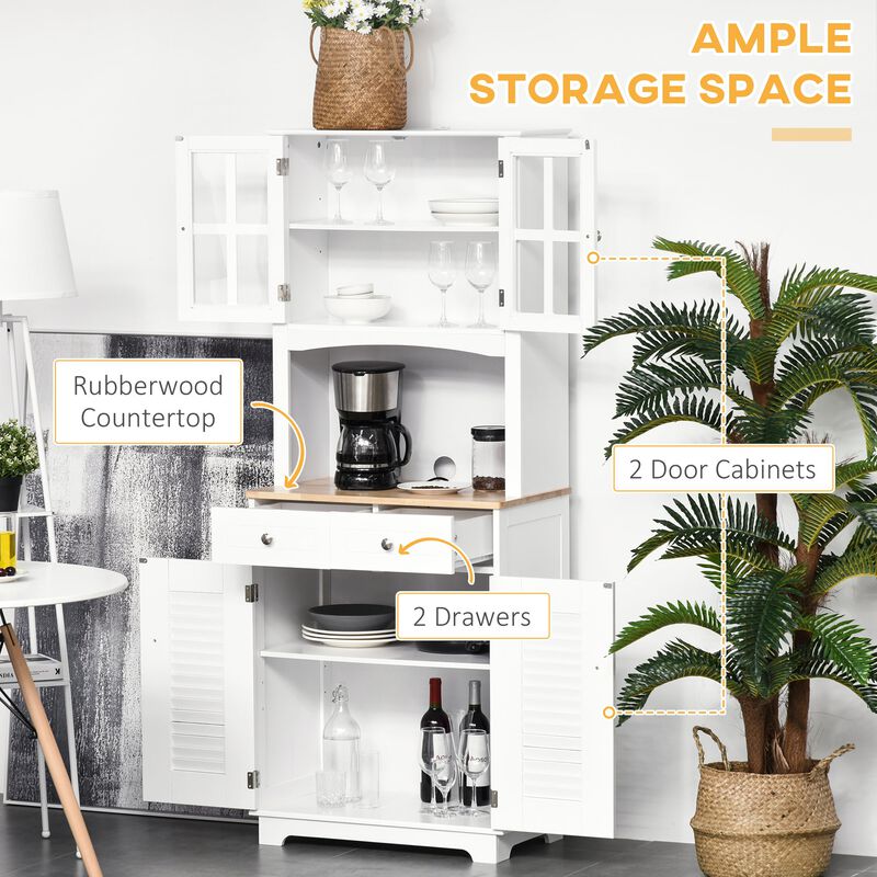 White Kitchen Organizer: 67" Hutch Cabinet with Glass Doors and Drawers