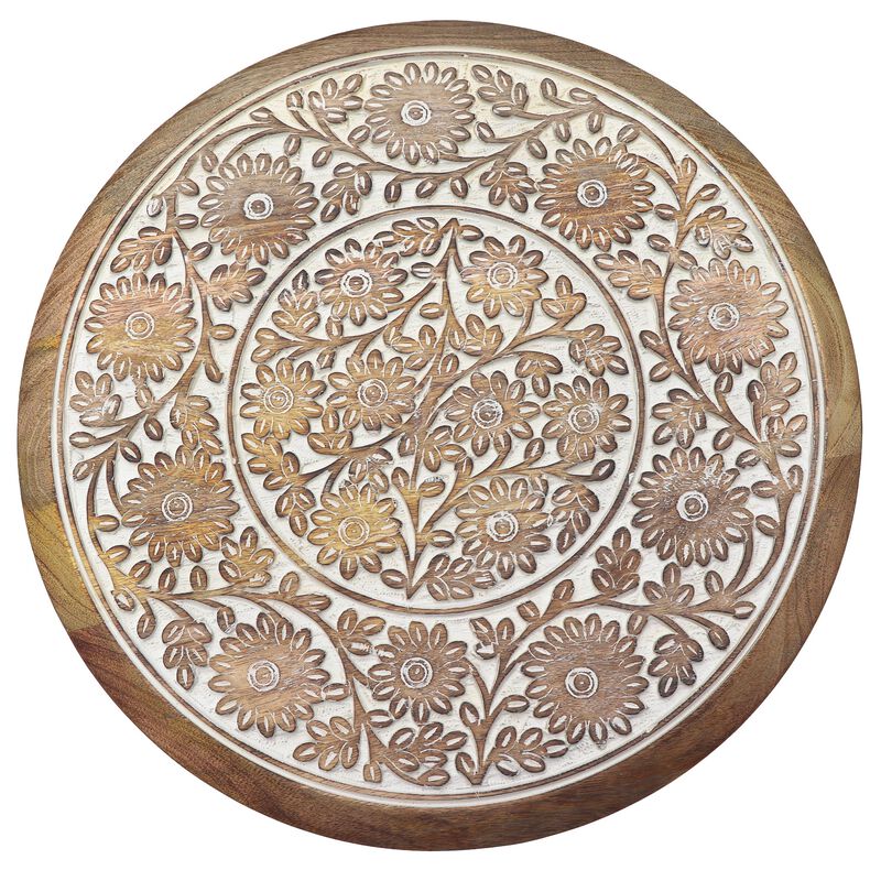 Intricately Carved Round Top Mango Wood Side End Table with Pedestal Base, Brown and White-Benzara