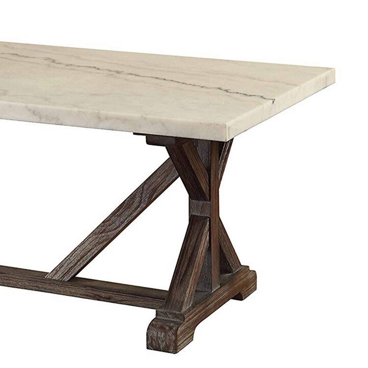Marble Rectangle Shaped Coffee Table with Wooden Trestle Base, White and Espresso Brown-Benzara