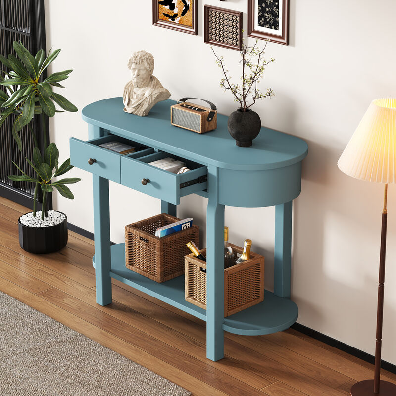 Clihome Elegant Retro Console Table with Curved Design and Smooth Glaze for Entryways, Living Rooms and hallways (Navy)