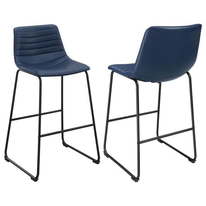 Zuno Bar Height Chair Set of 2, Blue Faux Leather, Black Metal 30 Inch - Benzara