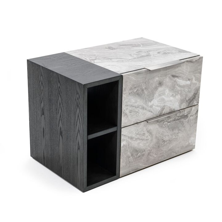 Noe Minn 26 Inch Nightstand, 2 Drawers, Faux Marble Front Panels, Gray-Benzara