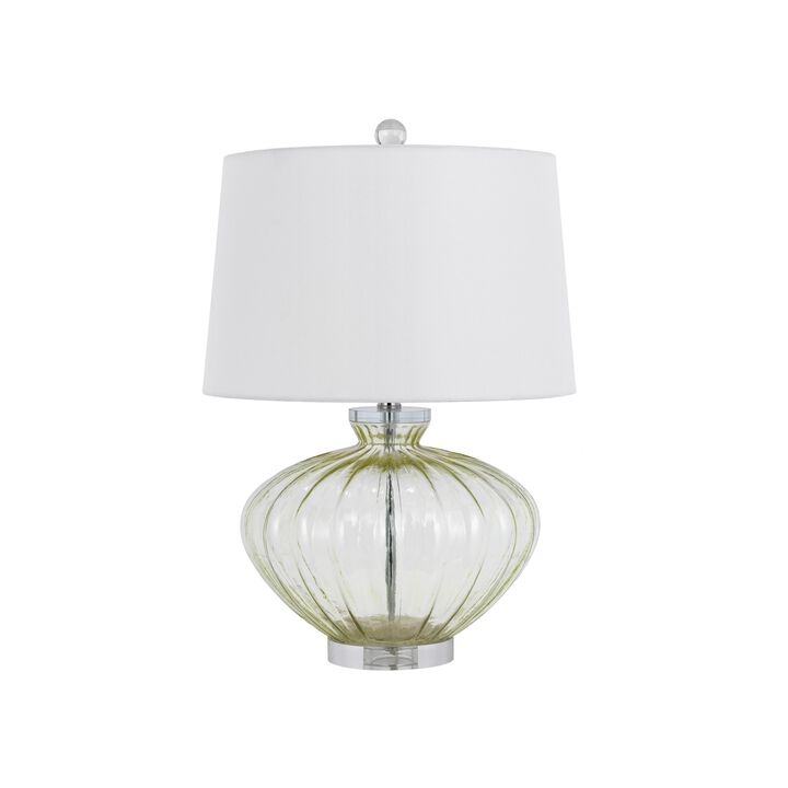23 Inch Table Lamp Set of 2, Round Crystal Base, White Fabric Shade - Benzara