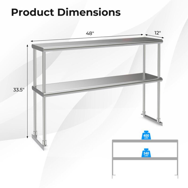 Hivvago 48 x 12 Inch Kitchen Stainless Steel Overshelf with Adjustable Lower Shelf