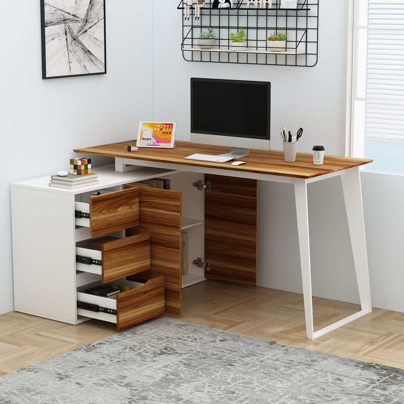 54.3 in. Reversible L-Shaped White Wood Writing Desk Office Workstation With Adjustable Shelves, Drawers, Doors Cabinet