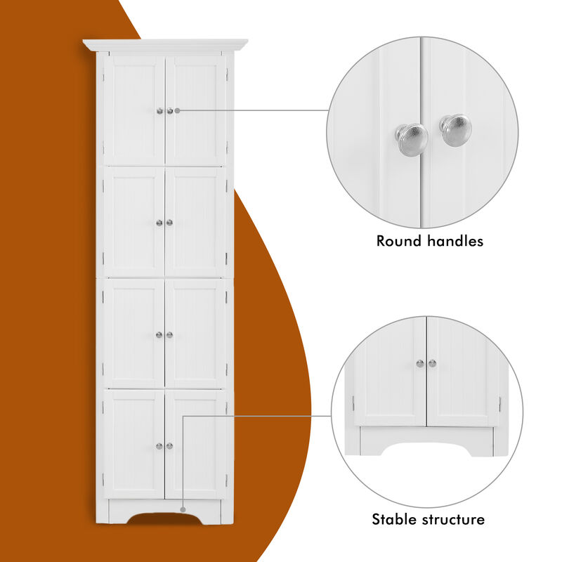 Modern White Tall Storage Cabinet with Doors and 4 Shelves