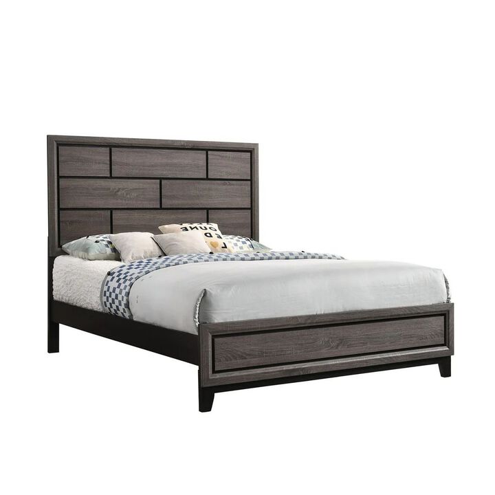 Benjara Asir Queen Size Bed, Geometric Panel Headboard, Modern Wood Finish, Gray and Black
