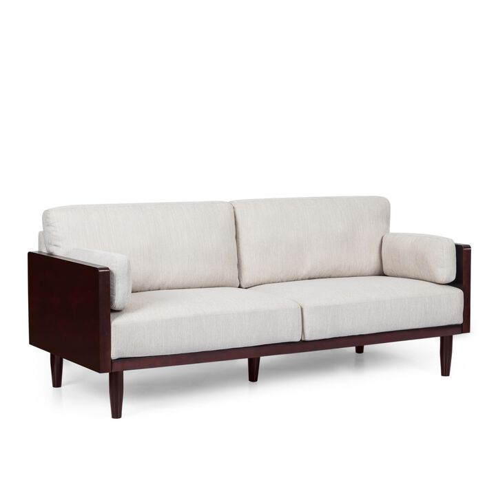 Sofa, 77 Inch, 2 Seater, Retro Style Tapered Wood Legs, Plush Beige - Benzara