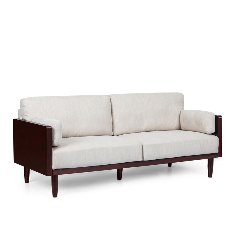 Sofa, 77 Inch, 2 Seater, Retro Style Tapered Wood Legs, Plush Beige - Benzara