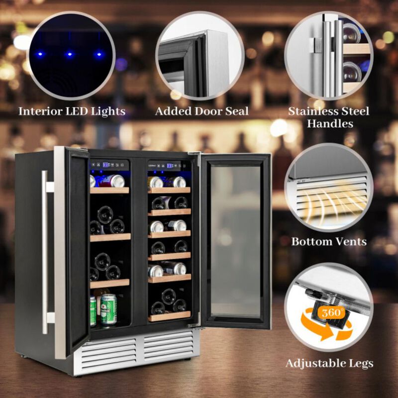 2-in-1 Beverage and Wine Cooler with Independent Temperature Control and LED Lights-Silver