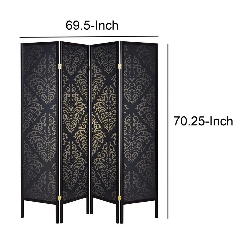 Captivating Four Panel Folding Screen With Damask Print, Black - Benzara