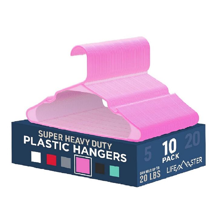 Plastic Clothes Hangers – Heavy Duty Hanger Set, for Organizing Clothes, Dresses, and Coat, Holds Up to 5 lbs, Space-Saving Hangers with Non-Slip Shoulder Grooves, Pack of 10, Pink