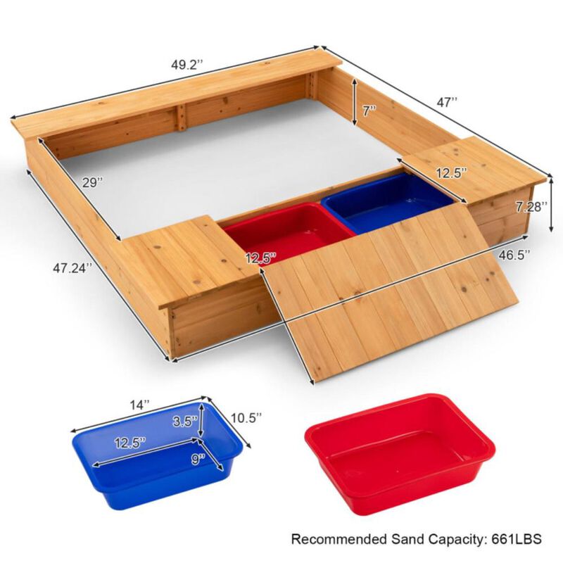 Hivvago Kids Wooden Sandbox with Bench Seats and Storage Boxes