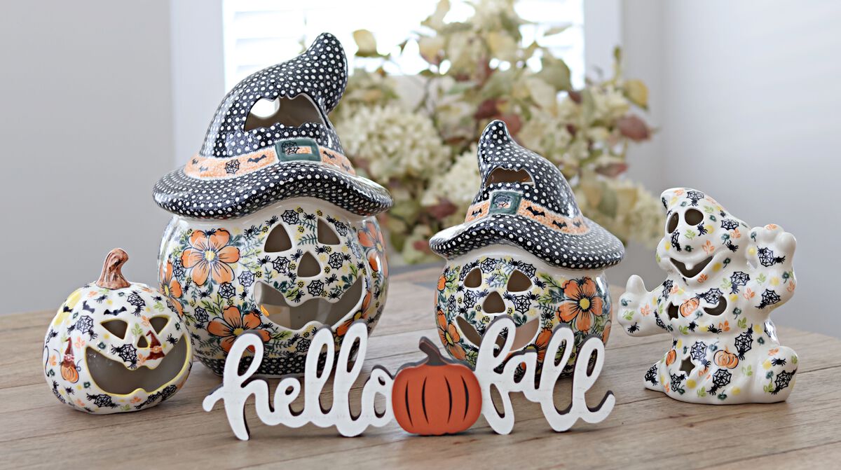 Blue Rose Polish Pottery Pumpkin Luminary  with Cats & Bats