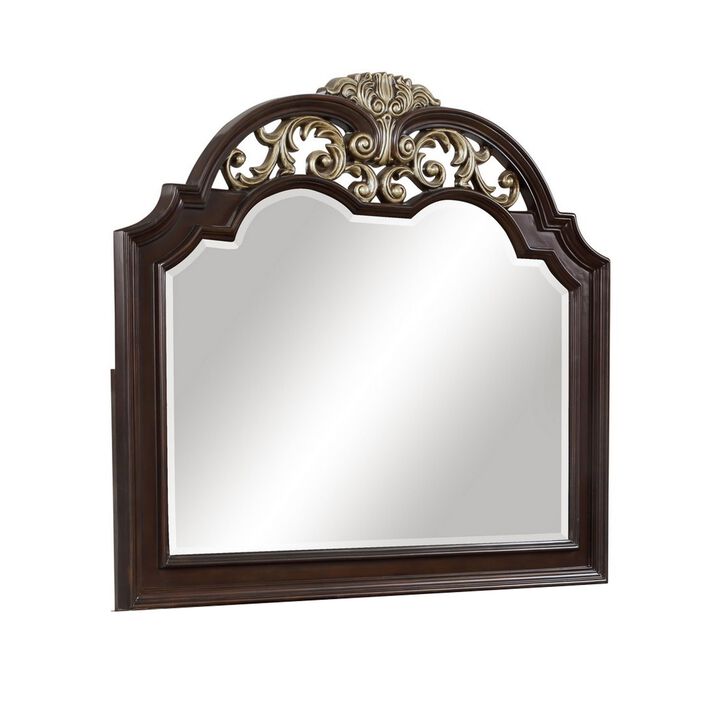 Benjara Liana 54 Inch Dresser Mirror, Crown Carvings, Wood, Tone Scrolling, Brown, Gold