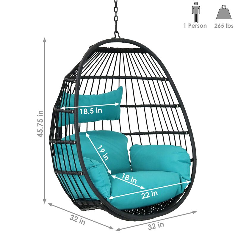 Sunnydaze Black Resin Wicker Hanging Egg Chair with Cushions - Blue