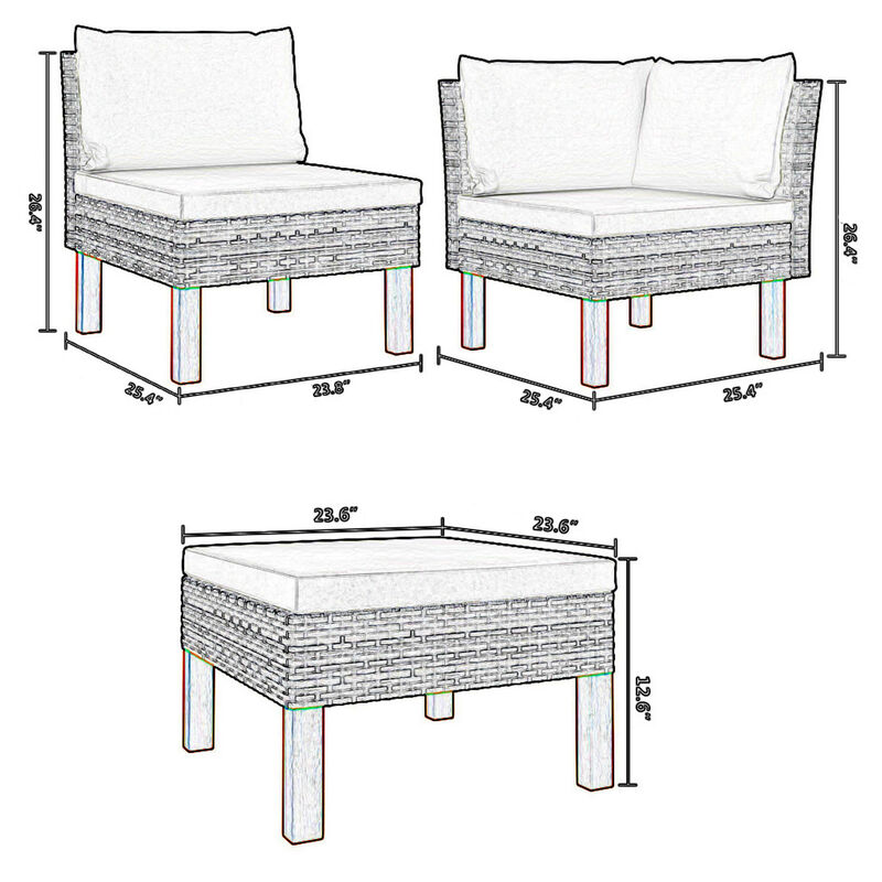 3pc Outdoor Modular Corner Sofa Set, Black Poly Rattan Ivory Polyester - Benzara