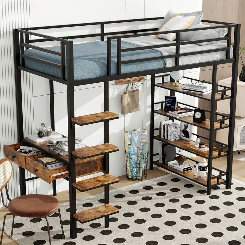 Merax Metal Loft Bed with Desk and Shelves