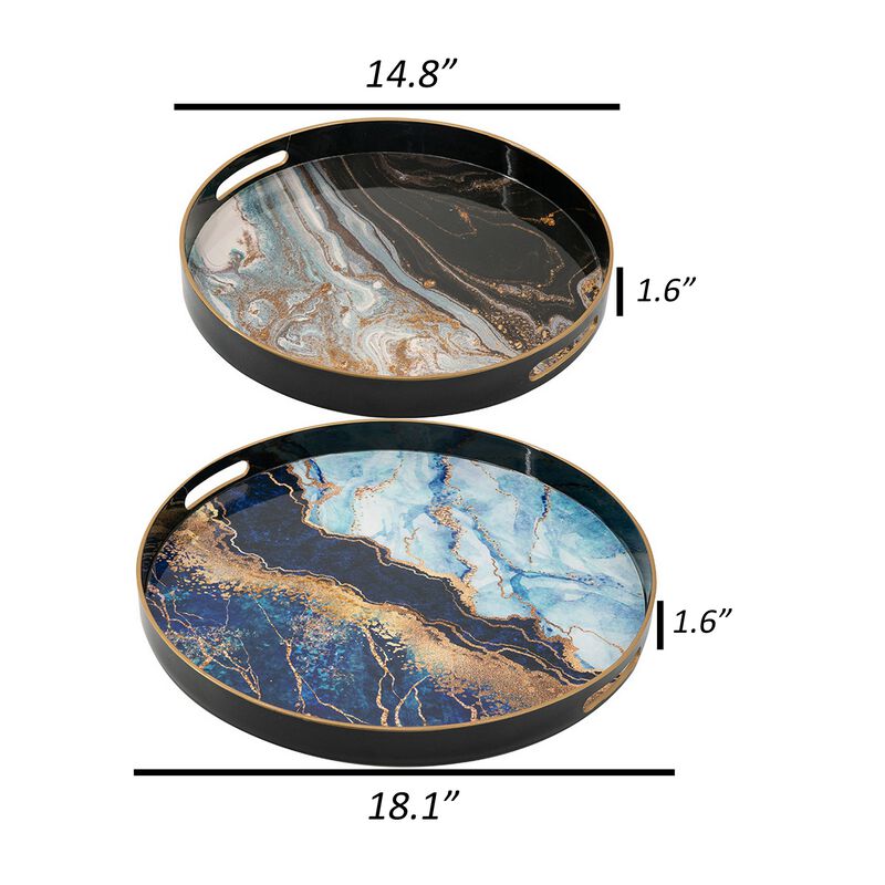 Set of 2 Round Decorative Trays, Tall Rims, Faux Marble, Blue, Gold - Benzara