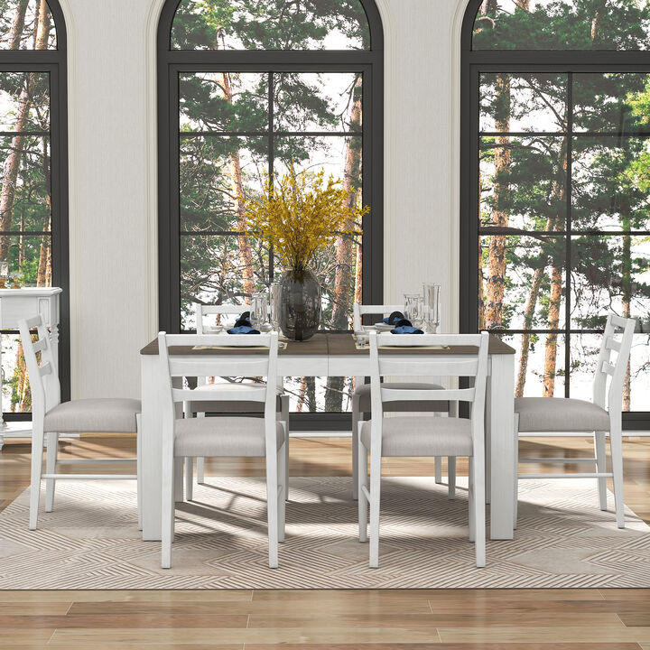 7-Piece Dining Table Set Multifunctional Extendable Table with 2 Drawers & 6 Cushioned Chairs