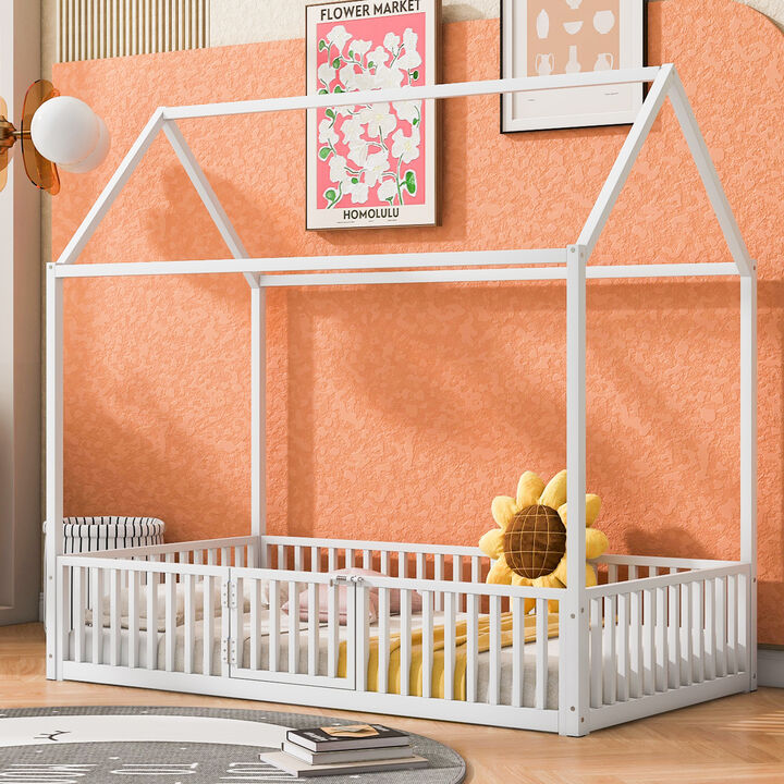 Merax Metal House Bed with Fence and Door