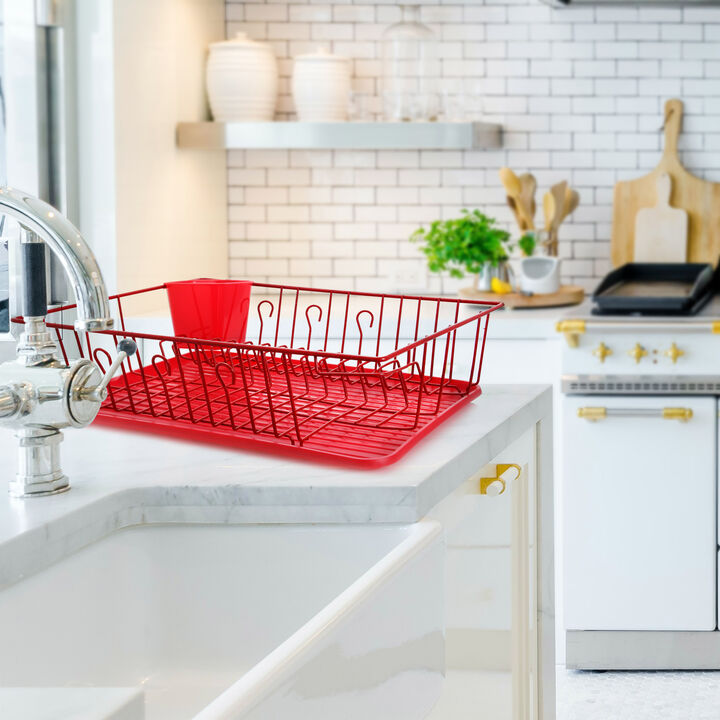 MegaChef 17.5 Inch Red Dish Rack with 14 Plate Positioners and a Detachable Utensil Holder