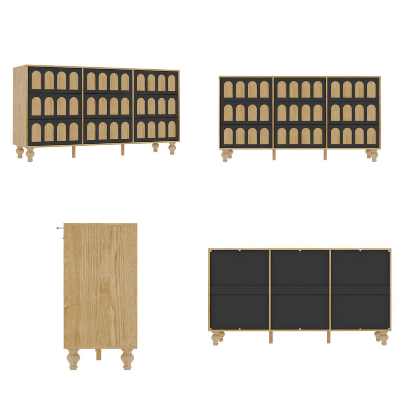 FUFU&GAGA Modern 9-Drawer Storage Cabinet with Arched Panel Design & Solid Wood Legs (59" W x 15.7" D x 31.5" H), Natural Wood