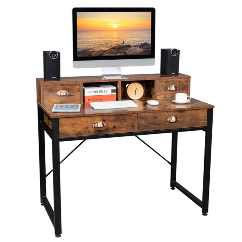 Steel Frame Computer Desk with Old Wood Table Top, 4 Drawers for Home Office or Study