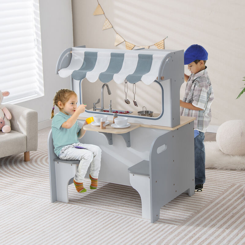 Double Sided Kids Pretend Kitchen Playset with 2-Seat Cafe-Grey