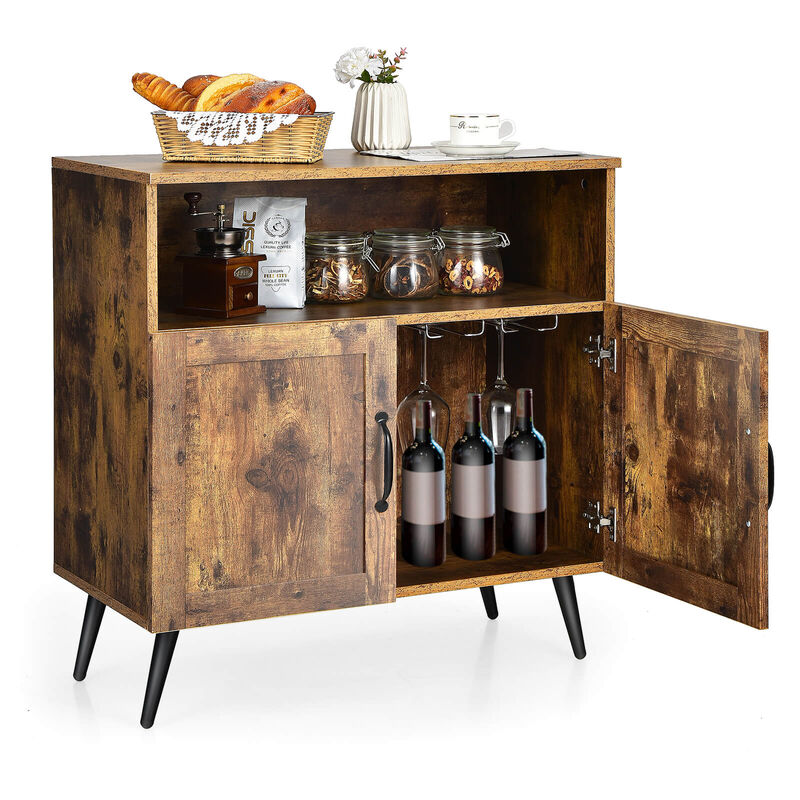 Mid-century Wooden Storage Cabinet Wine Glass Holders-Rustic Brown