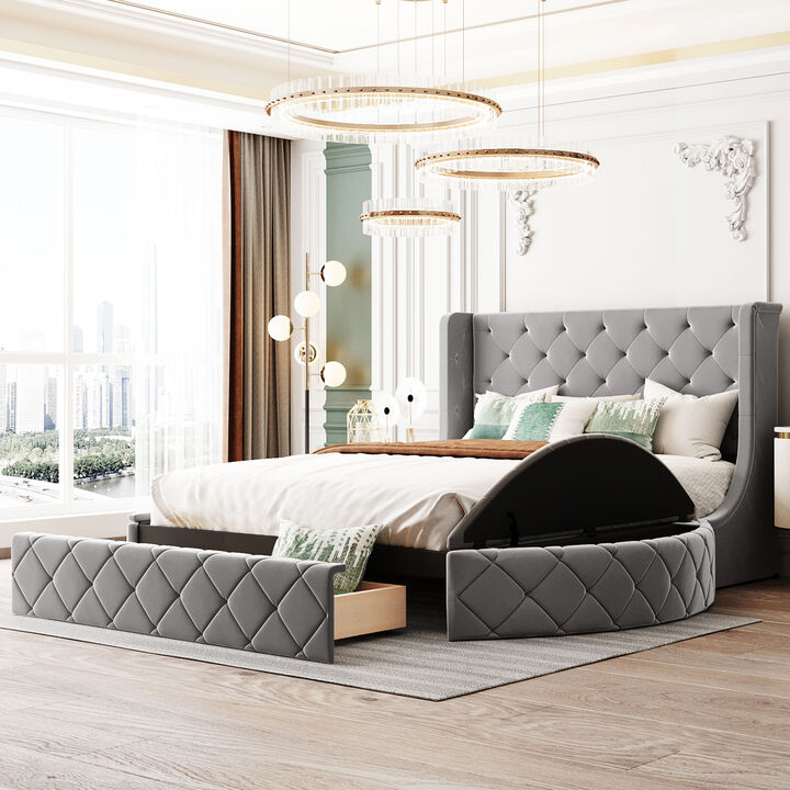 Streamdale Queen Velvet Platform Bed with Headboard & Drawer