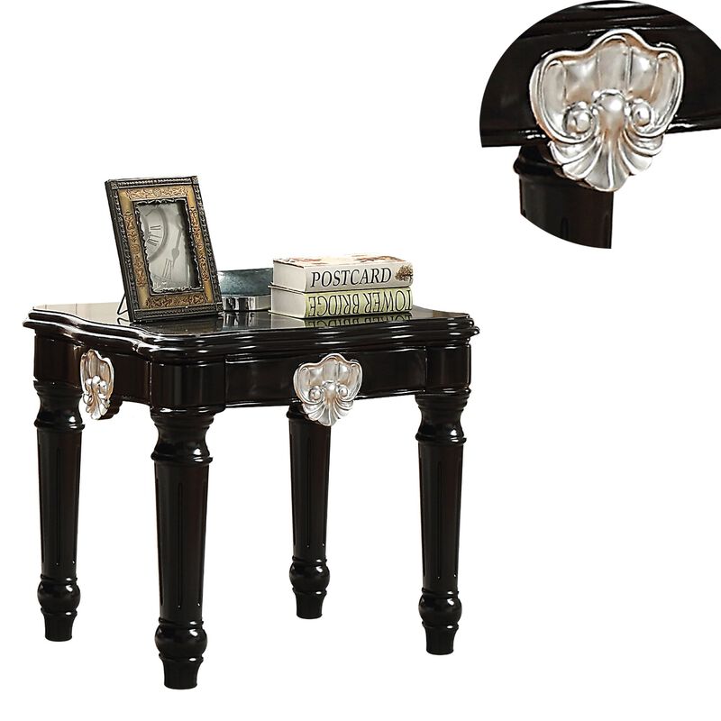 Wooden End Table With Contrast Carved Motif Turned Legs, Black-Benzara