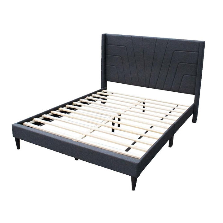Nny Queen Size Bed with Tufted Headboard, Charcoal Burlap Upholstery, Wood - Benzara