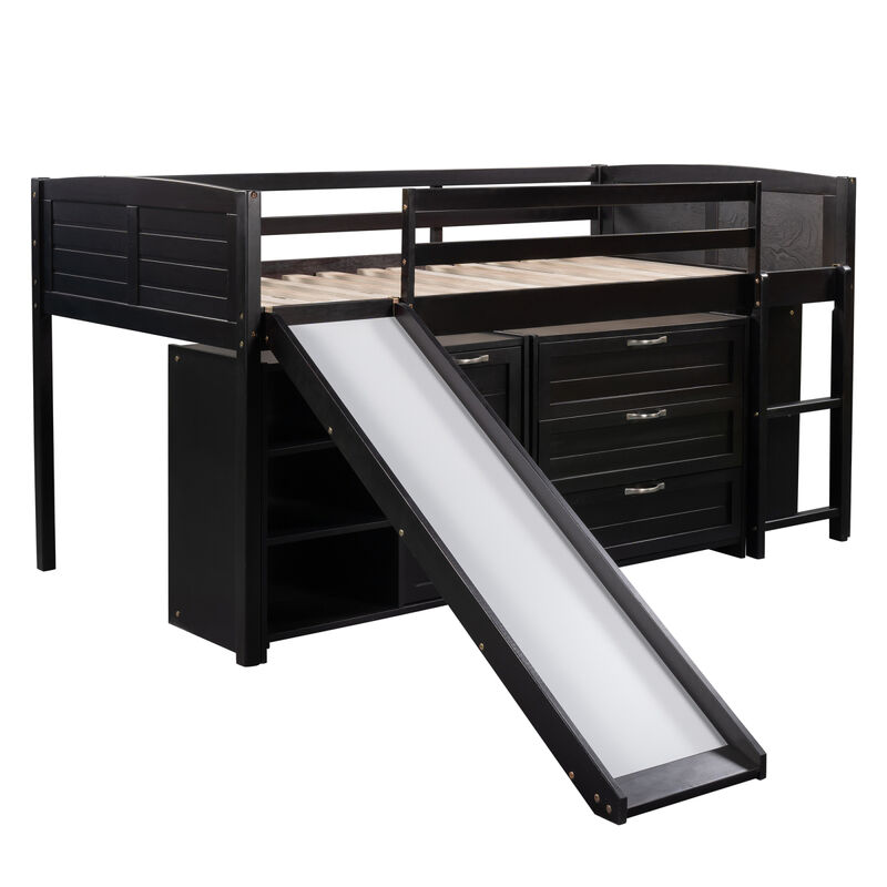 Low Twin Size Loft Bed With Cabinets, Shelves And Slide