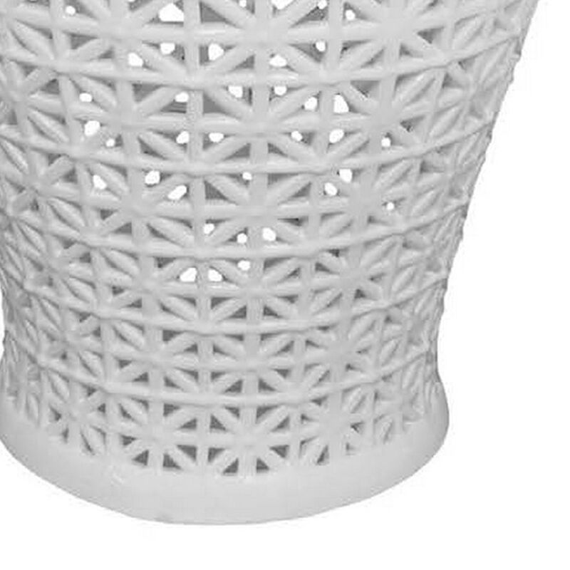 Paul 34 Inch Pierced Temple Jar with Lid, Intricate Pattern Ceramic, White - Benzara
