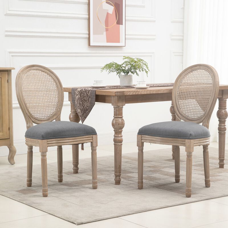 Grey French Dining: Armless Chairs with Rattan Back, Set of 2