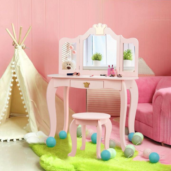 Hivvago Kids Makeup Dressing Table with Tri-folding Mirror and Stool