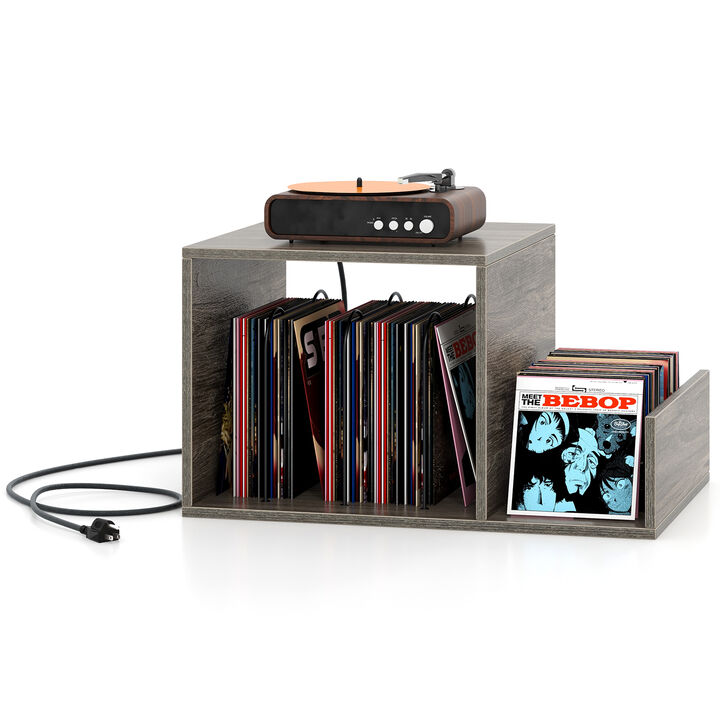 Mid-Century Record Player Stand with Power Outlet and Vinyl Storage Divider