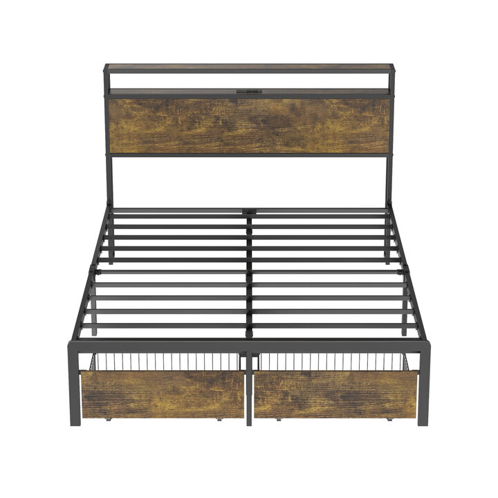 Bed Frame with LED Lights and Charging Station - Robust Metal Wood Construction, Rustic Wood Platform Bed Frame with 2 Drawers, No Box Spring Needed, Noise Free, Vintage Brown, Easy Assemble