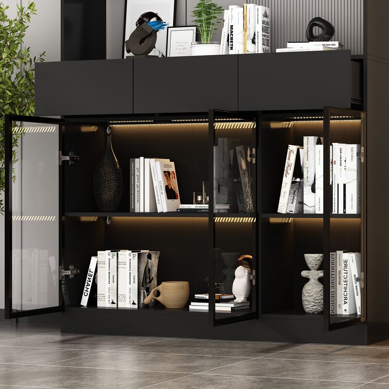 Black Wood 47.2 in. W Buffet Food Pantry W/Hutch, Glass Doors, Adjustable Shelves, LED Lights (14.2 in. D x 78.7 in. H)