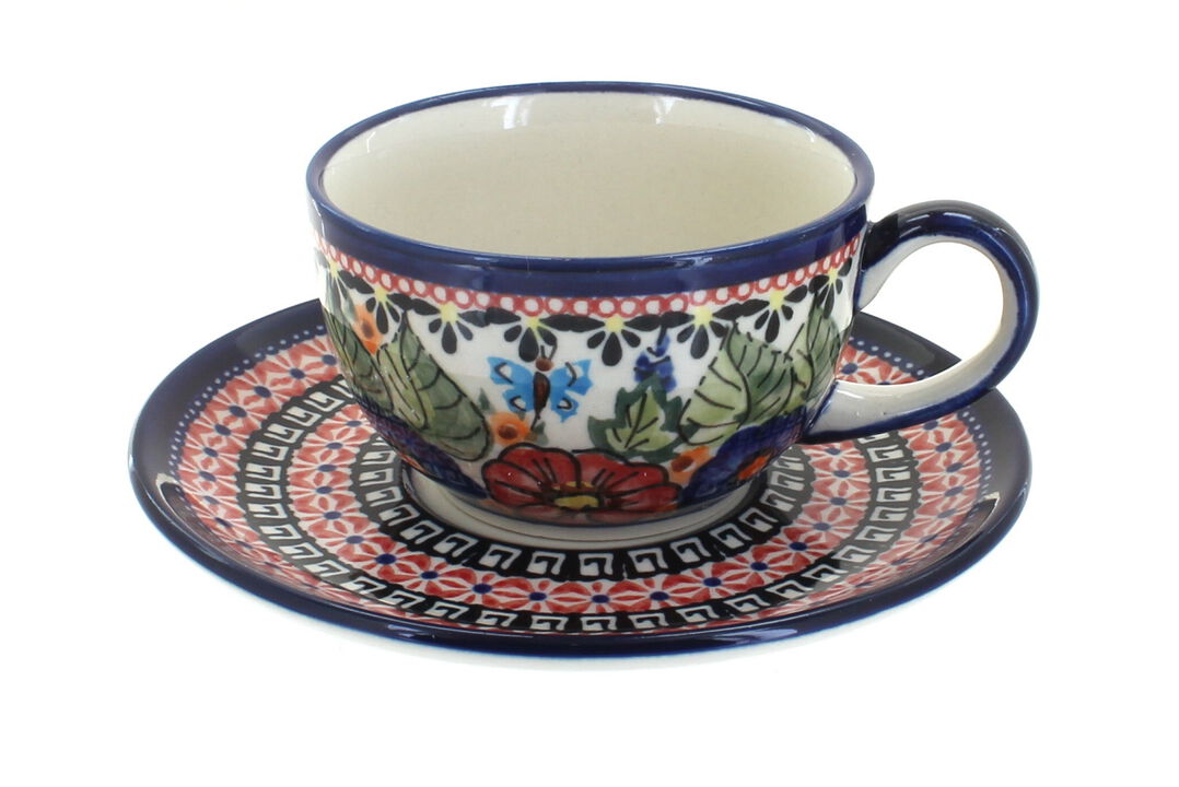 Blue Rose Polish Pottery Mosaic Flower Cup & Saucer