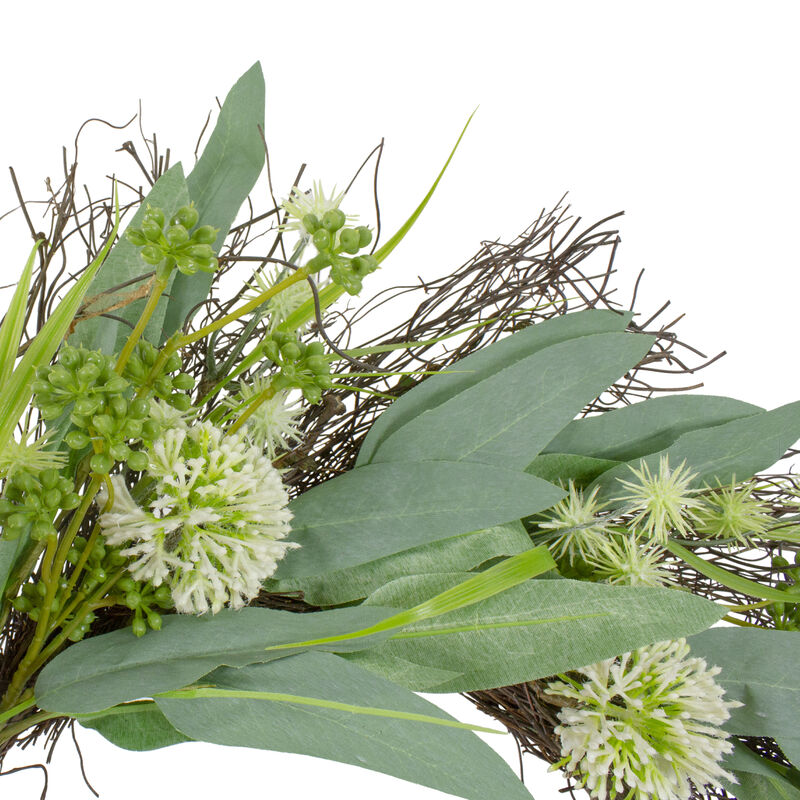 Olive Leaf and Floral Twig Spring Wreath  Green and White 23"