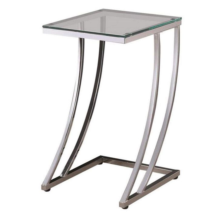 Contemporary Metal Accent Table With Glass Top, Clear And Silver-Benzara