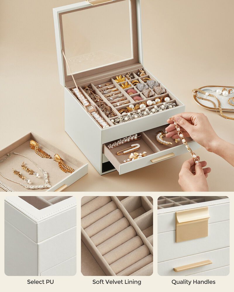 Elegant 4-Layer Jewelry Box with Glass Lid and 3 Drawers - Perfect Gift for Loved Ones