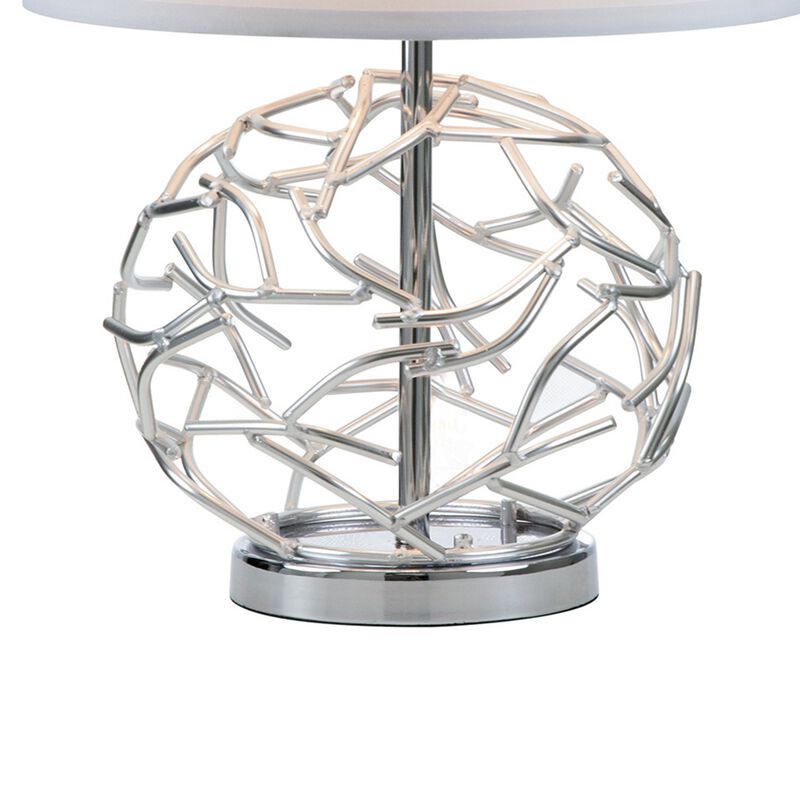 24 Inch Table Lamp, Silver Hollow Geometric Globe Base, Empire Shade - Benzara