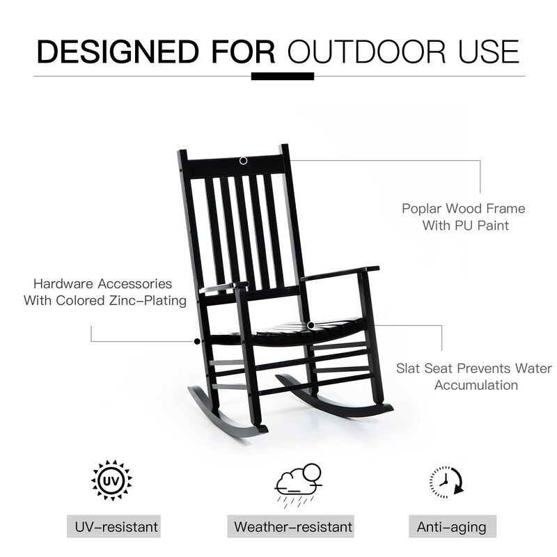 Classic Porch Seating: Black Wooden Slatted Rocking Chairs with Armrests